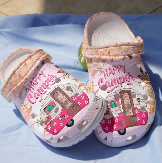 Pink Camping Bus Shoes Happy Camper Crocs Clogs Gift Women Girl Pink