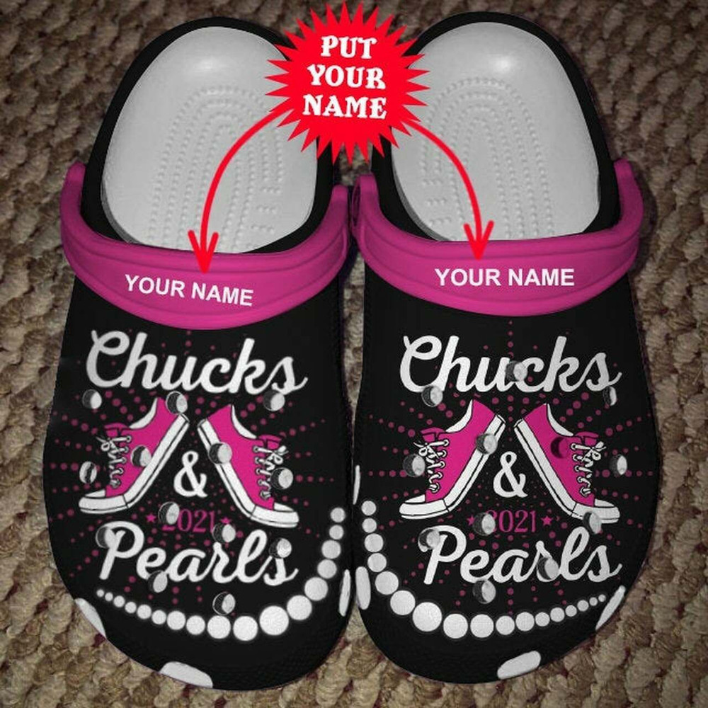 Pink Chucks And Pearls Personalisation 102 Gift For Lover Rubber Crocs Clog Shoes Comfy Footwear