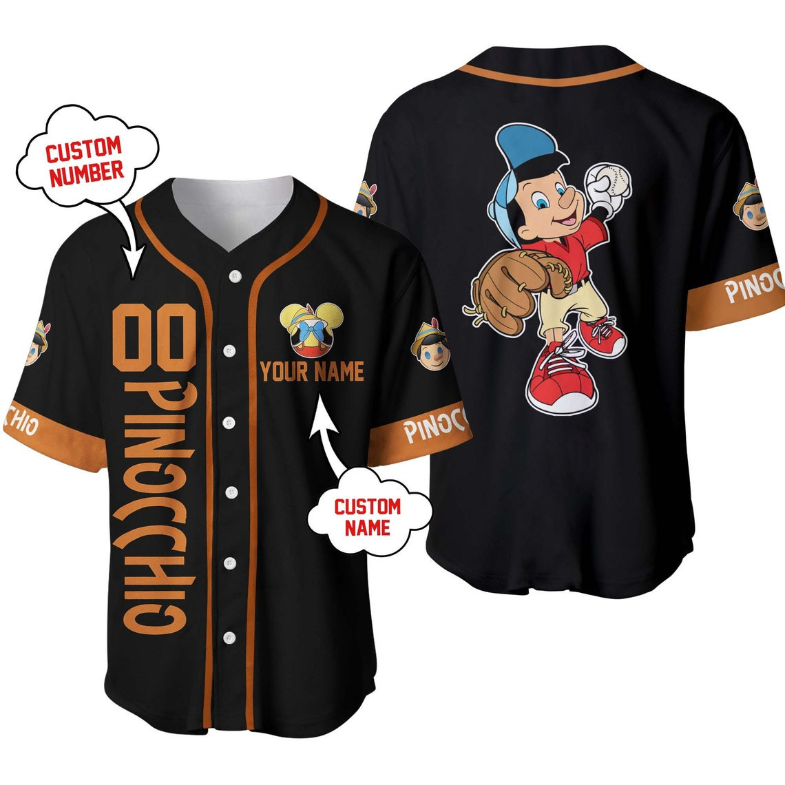 Pinocchio Black Orange Disney Unisex Cartoon Custom Baseball Jersey Personalized Shirt Men Women