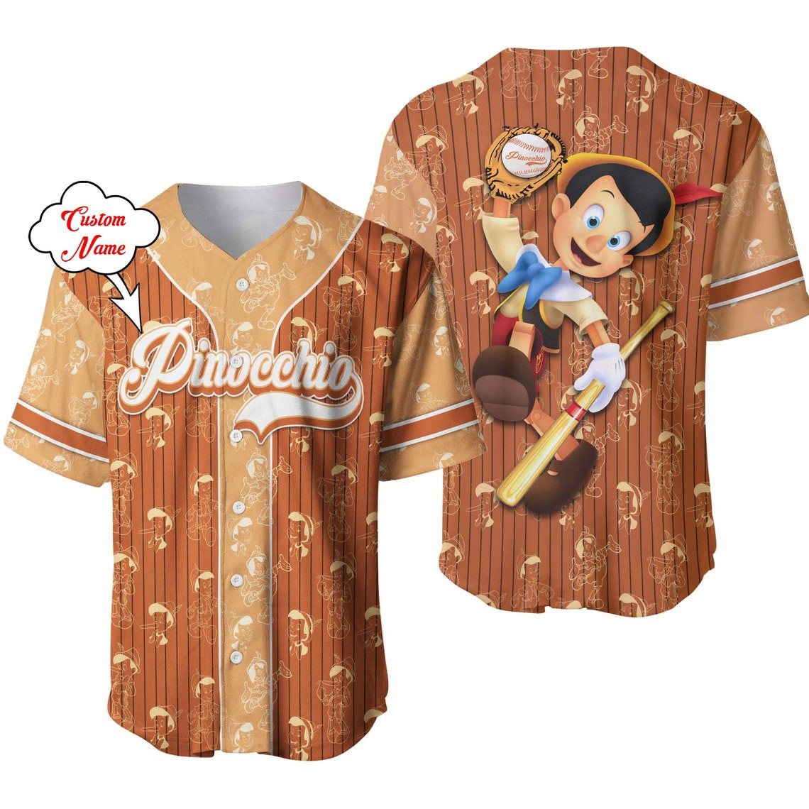 Pinocchio Brown White Patterns Disney Unisex Cartoon Custom Baseball Jersey Personalized Shirt Men Women