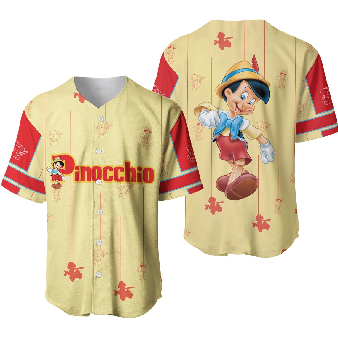 Pinocchio Yellow Red Blue Stripes Patterns Disney Unisex Cartoon Casual Outfits Custom Baseball Jersey Personalized Shirt Men Women
