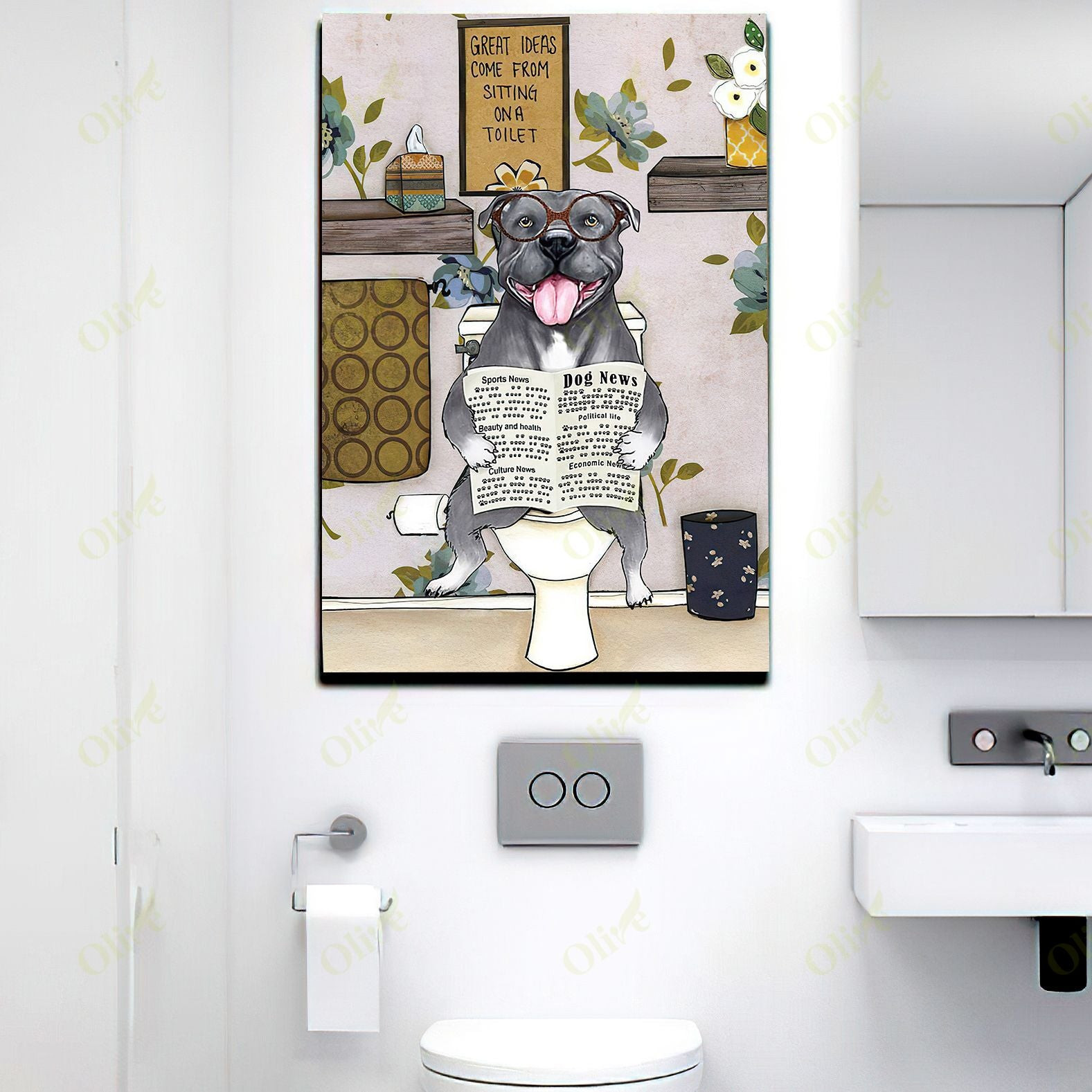 Pit Bull Sitting On A Toilet Poster And Canvas Art Wall Decor