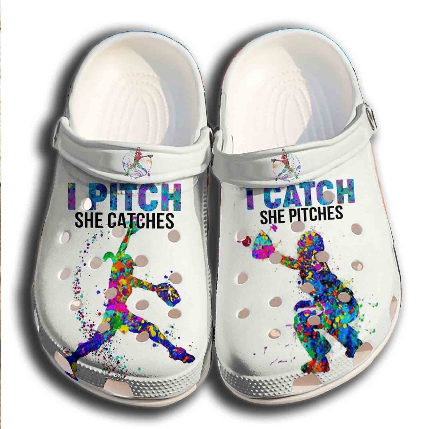 Pitch And Catch Crocs Shoes Clogs For Batter Girl - Funny Baseball Crocs Shoes Clogs Gift