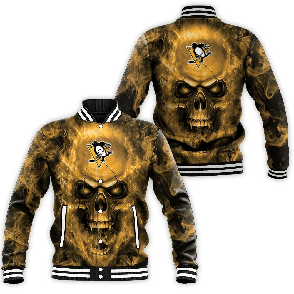 Pittsburgh Penguins Nhl Fans Skull Baseball Jacket for Men Women