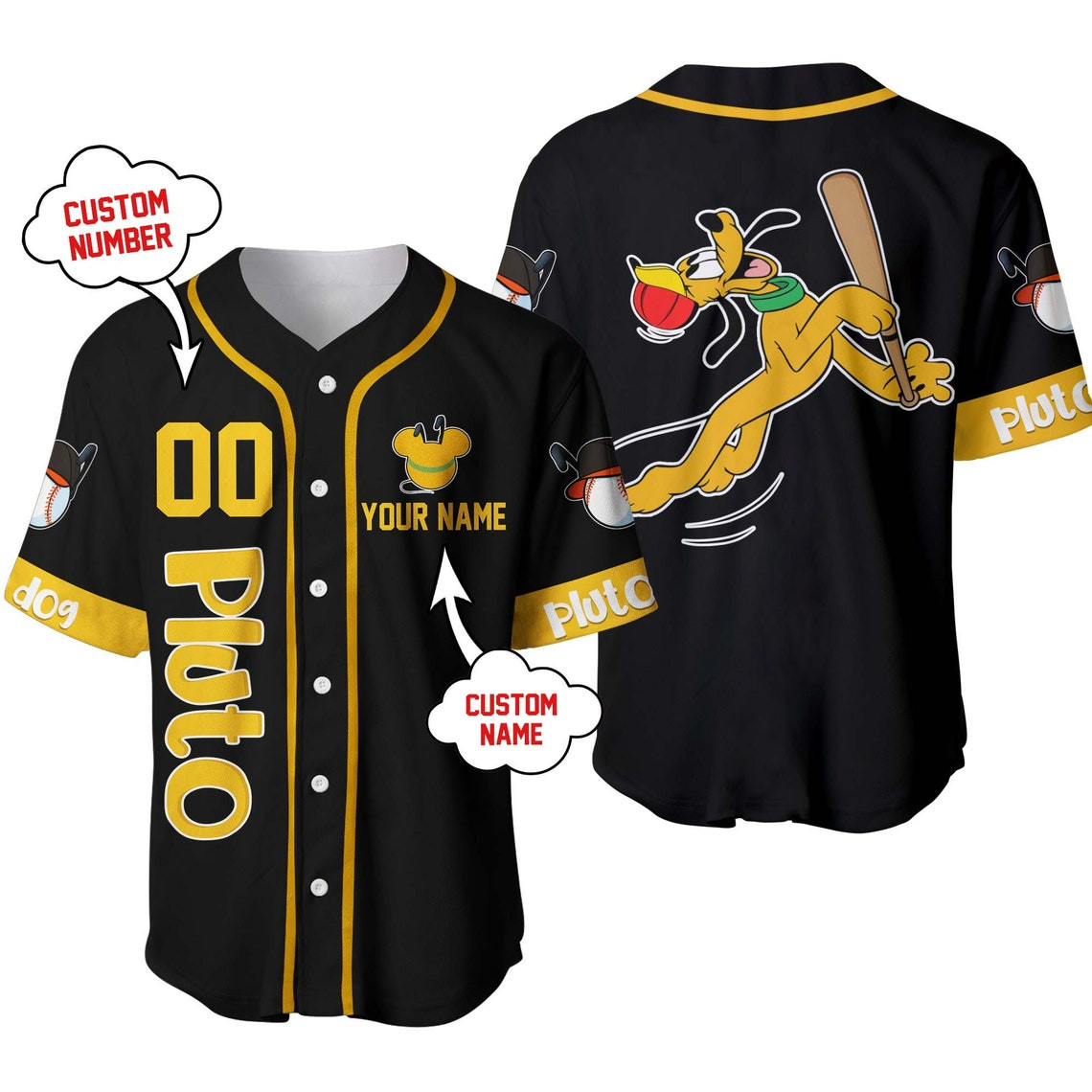 Pluto Dog Black Yellow Disney Unisex Cartoon Custom Baseball Jersey Personalized Shirt Men Women