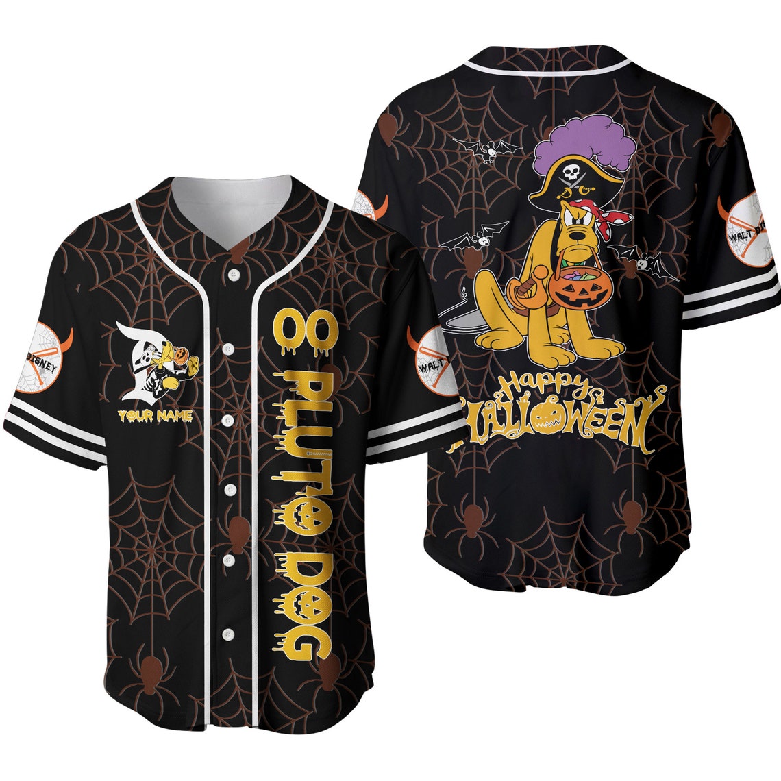 Pluto Dog Black Yellow Happy Halloween Disney Unisex Cartoon Custom Baseball Jersey Personalized Shirt Men Women