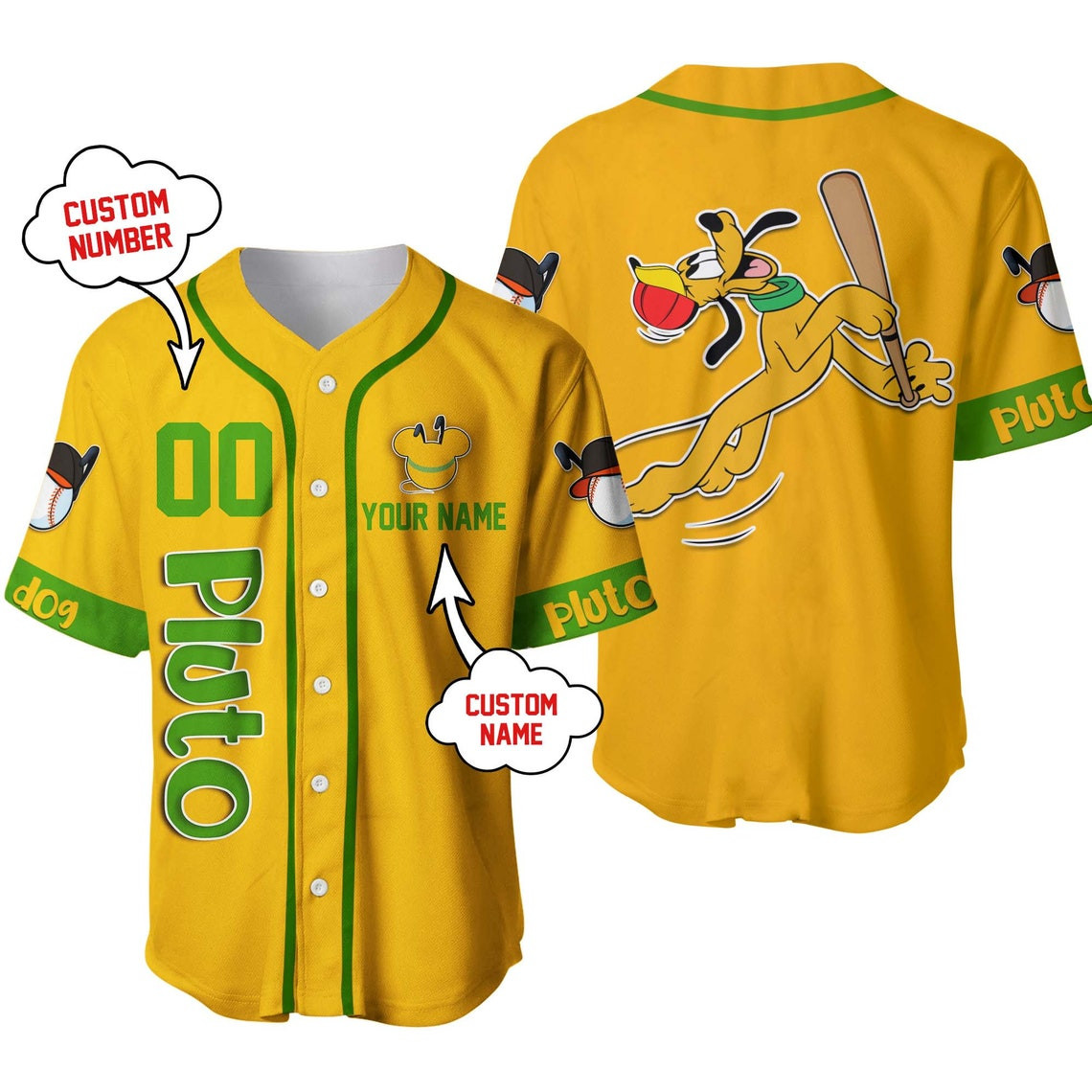 Pluto Dog Dark Gold Yellow Green Disney Unisex Cartoon Custom Baseball Jersey Personalized Shirt Men Women