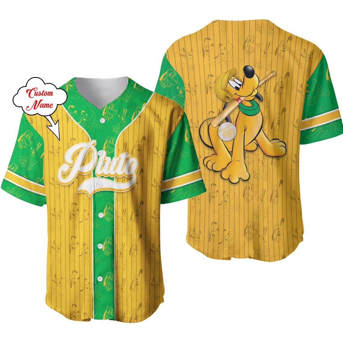 Pluto Dog Dark Yellow Green Patterns Disney Unisex Cartoon Custom Baseball Jersey Personalized Shirt Men Women