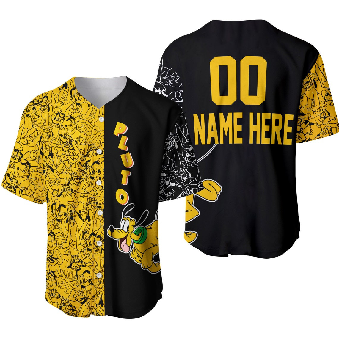 Pluto Dog Pattern Black Yellow Disney Unisex Cartoon Custom Baseball Jersey Personalized Shirt Men Women