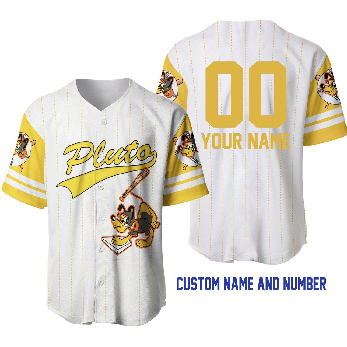 Pluto Dog White Yellow Disney Unisex Cartoon Custom Baseball Jersey Personalized Shirt Men Women
