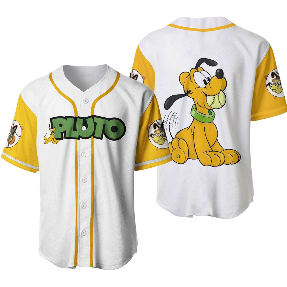 Pluto Dog Yellow White Disney Unisex Cartoon Custom Baseball Jersey Personalized Shirt Men Women