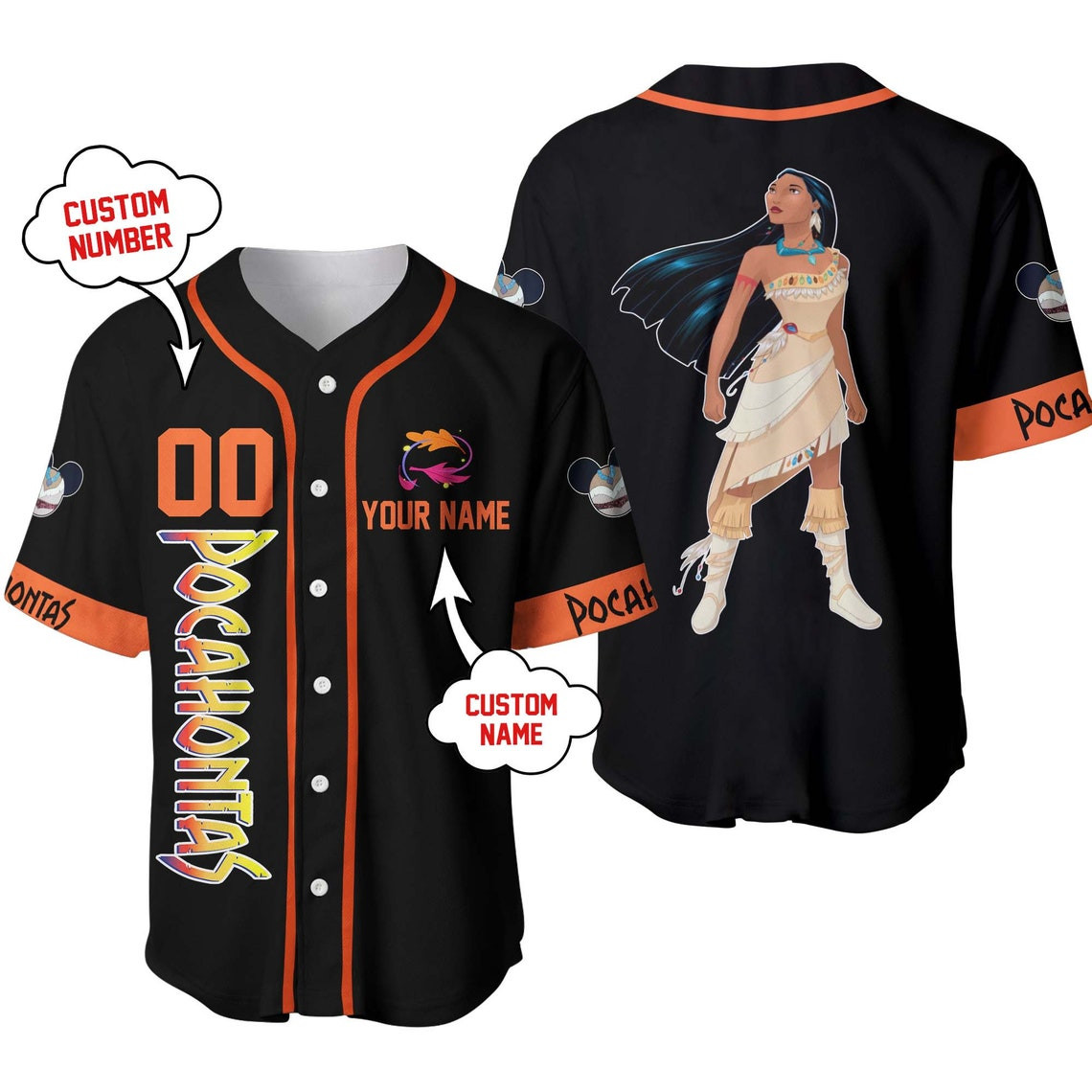 Pocahontas Black Orange Disney Unisex Cartoon Custom Baseball Jersey Personalized Shirt Men Women