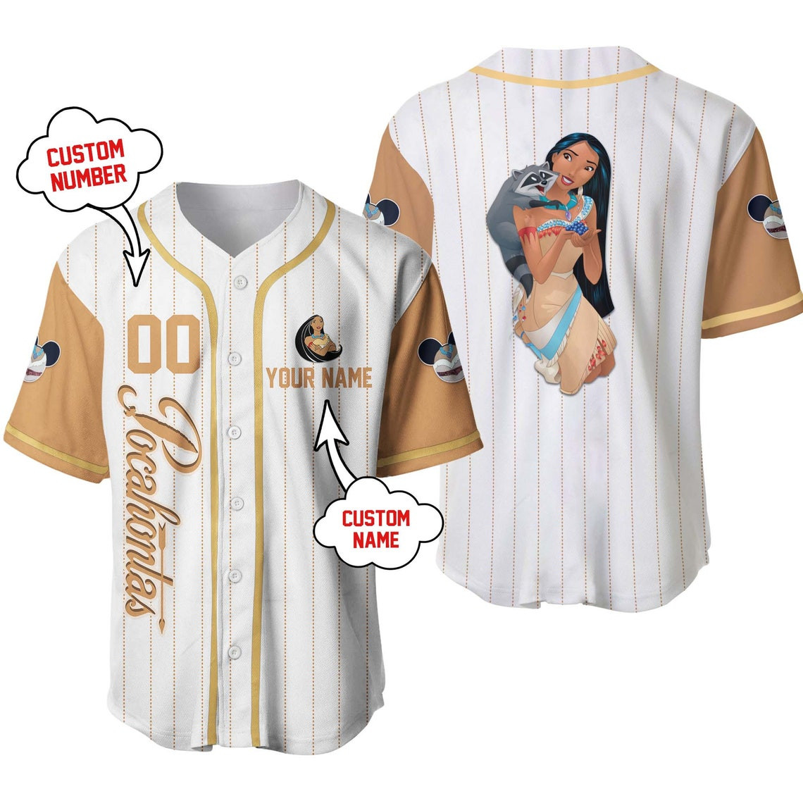 Pocahontas Princesses Disney Unisex Cartoon Custom Baseball Jersey Personalized Shirt Kid Youth Men Women