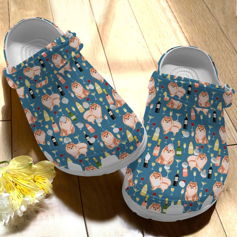 Pomeranian And Wine Gift For Lover Rubber Crocs Clog Shoes Comfy Footwear