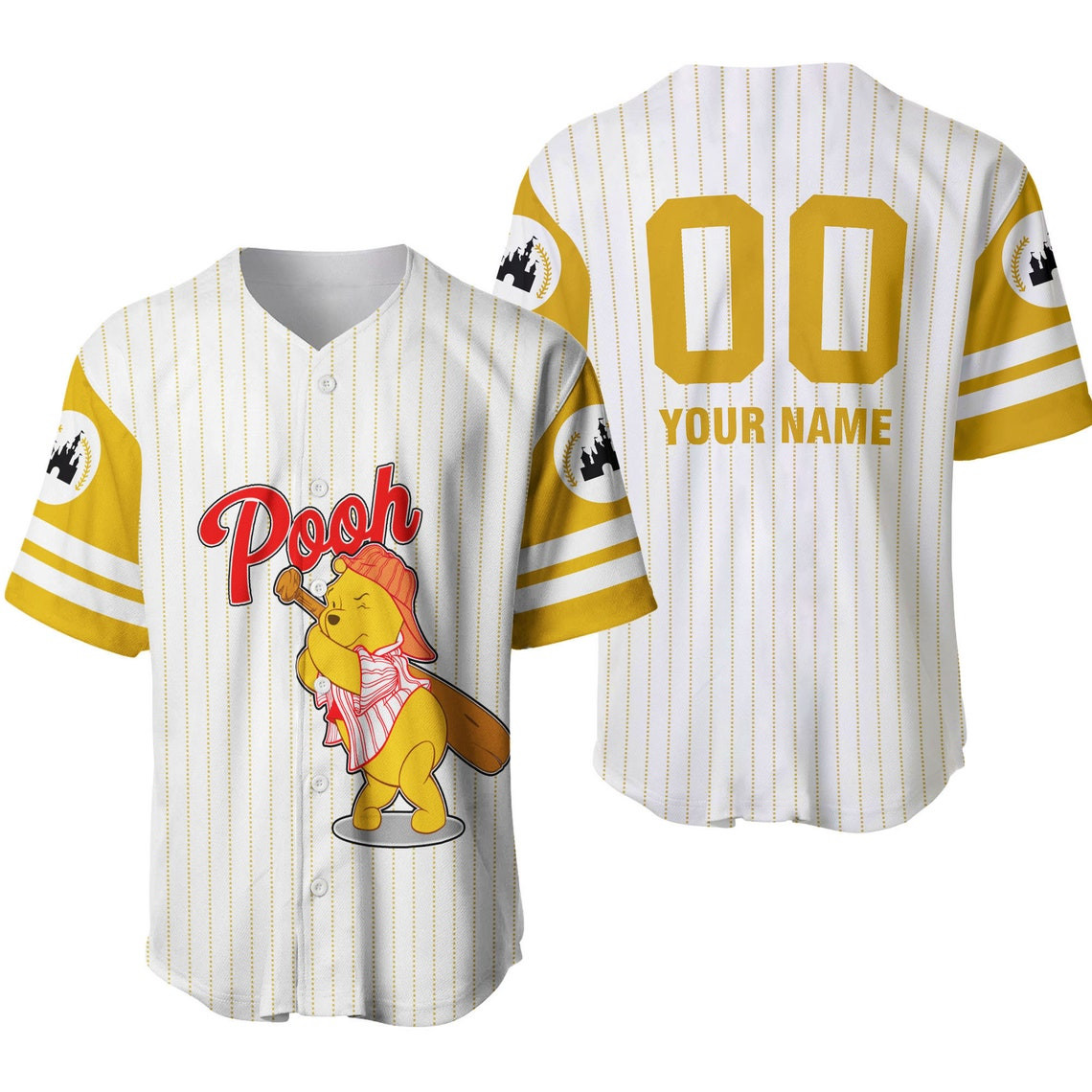 Pooh Yellow White Disney Unisex Cartoon Custom Name Number Baseball Jersey Personalized Shirt Men Women Kid