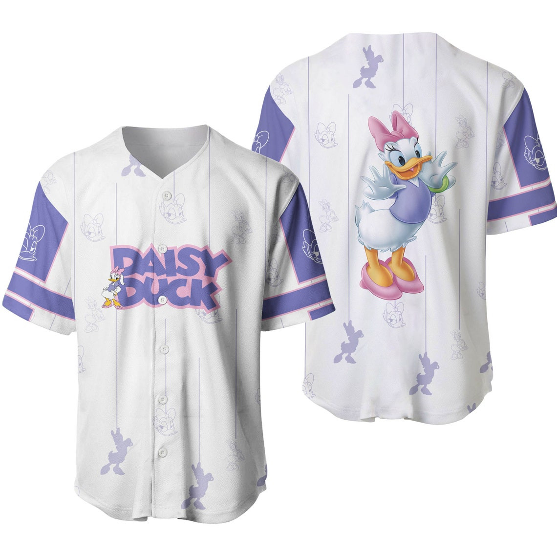 Pretty Daisy Duck White Purple Stripes Patterns Disney Unisex Cartoon Casual Outfits Custom Baseball Jersey Personalized Shirt Men Women