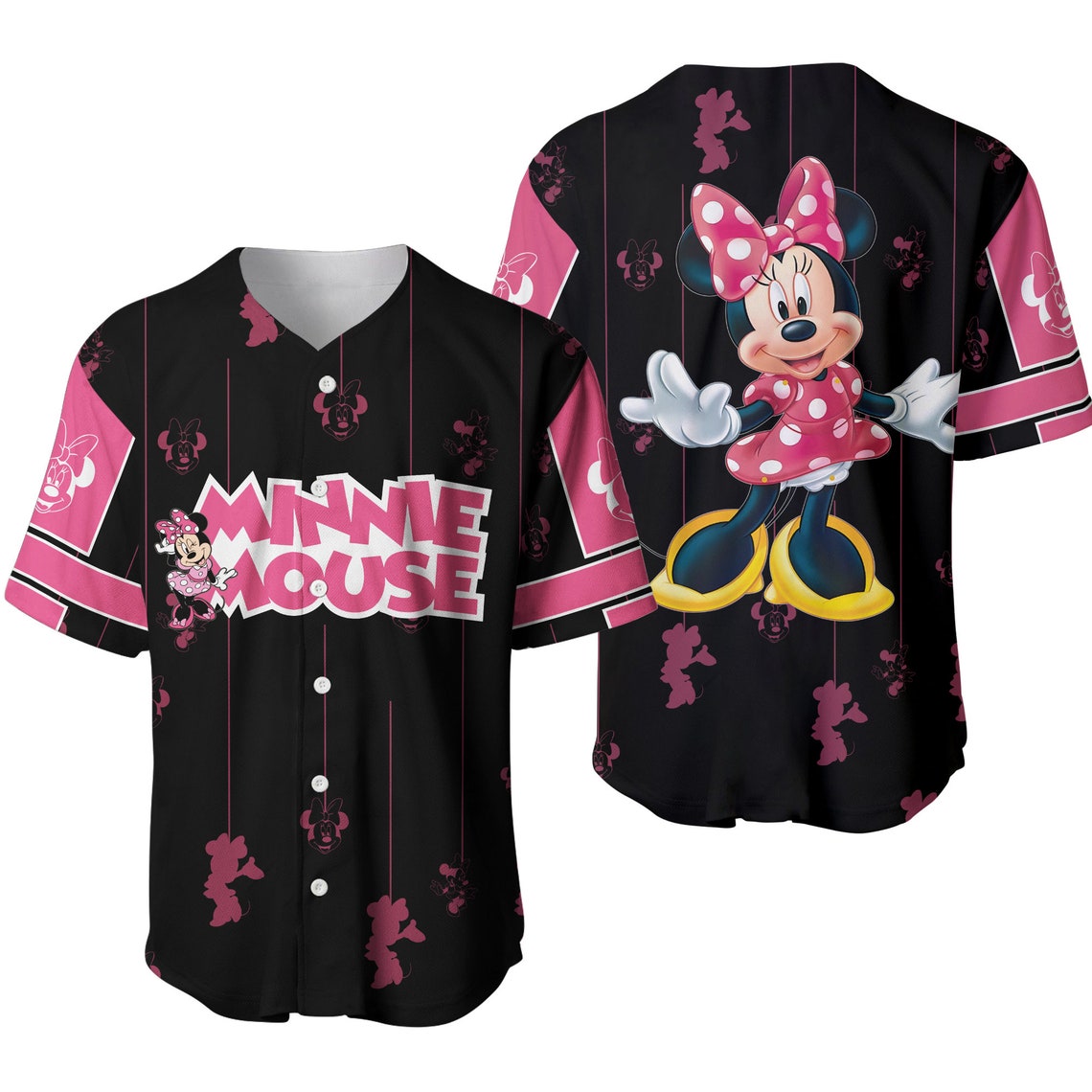 Pretty Minnie Mouse Black Pink Stripes Patterns Disney Unisex Cartoon Casual Outfits Custom Baseball Jersey Personalized Shirt Men Women