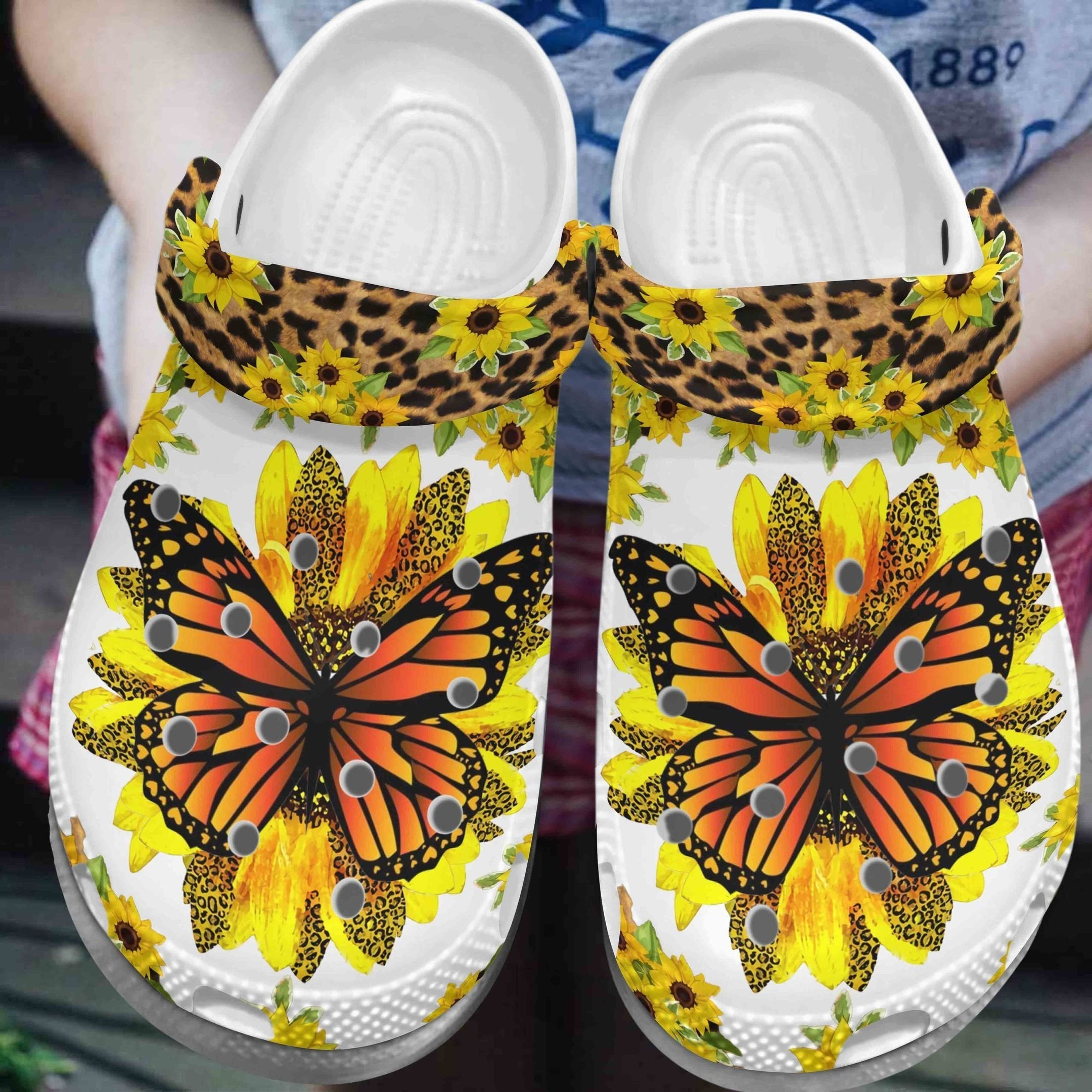 Pretty Sunflower Butterfly Shoes - Breast Cancer Awareness Crocs Clogs