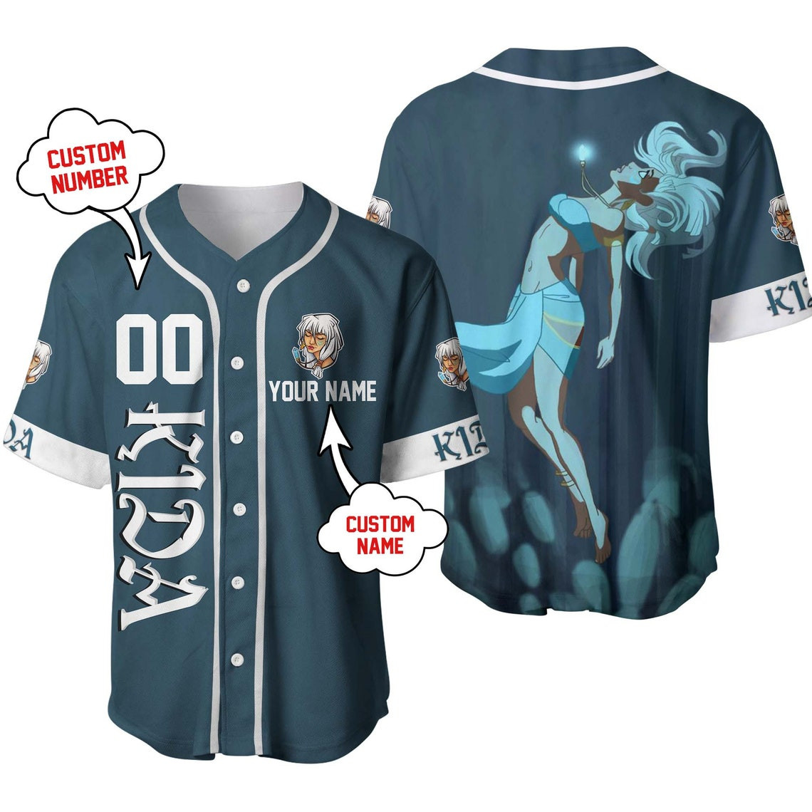 Princess Kida Atlantis Blue White Disney Unisex Cartoon Custom Baseball Jersey Personalized Shirt Men Women