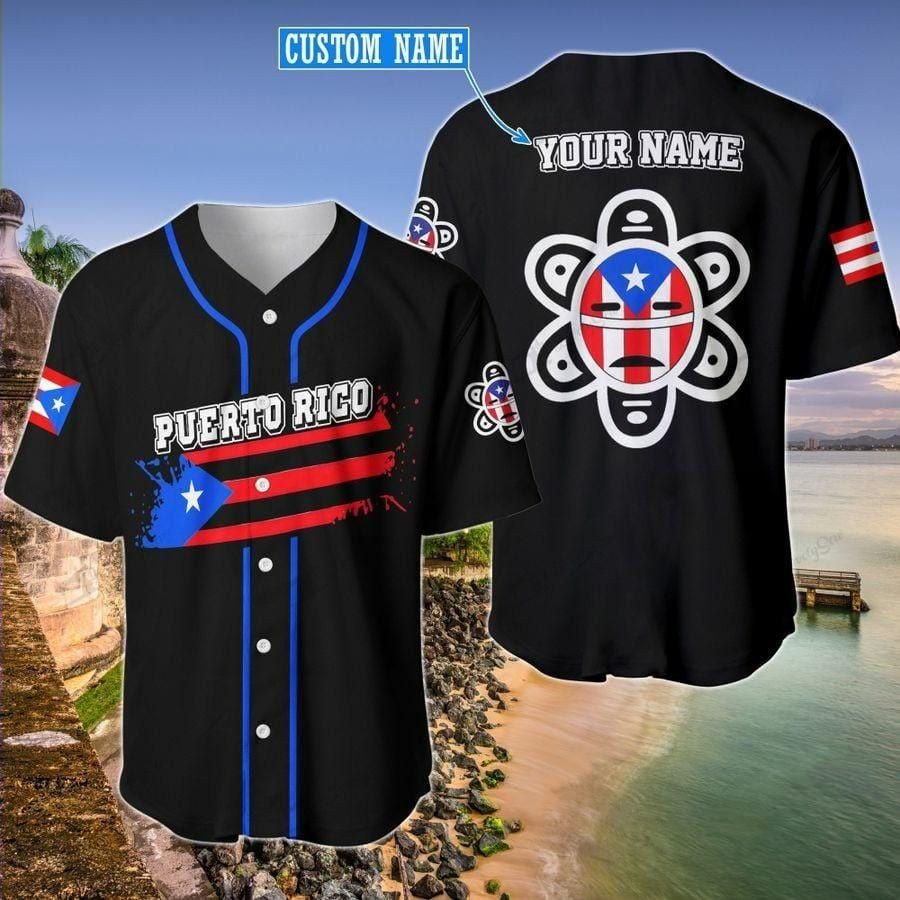 Puerto Rico Flag Taino Black Custom Name Baseball Jersey