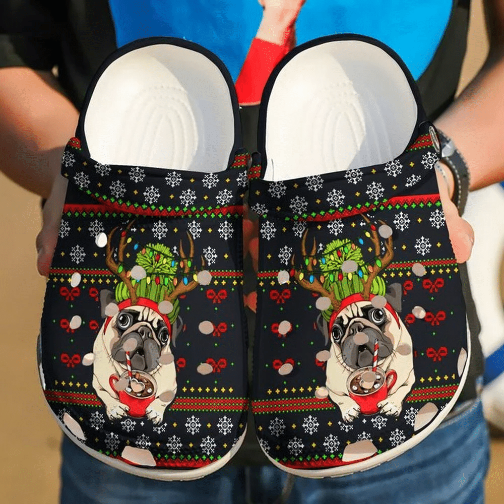 Pug Christmas Coffee 102 Gift For Lover Rubber Crocs Clog Shoes Comfy Footwear