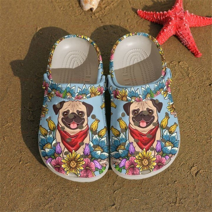 Pug With Flower Gift For Lover Rubber Crocs Clog Shoes Comfy Footwear