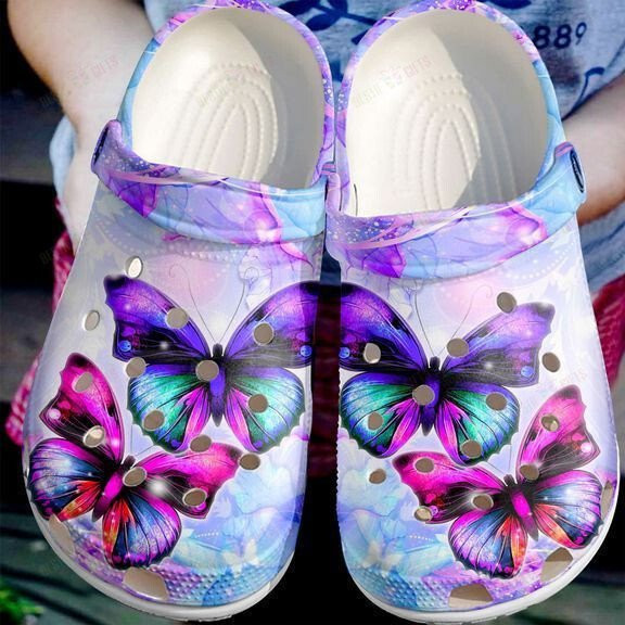 Purple Pink Butterflies Cancer Autism Awareness Clogs Crocs Shoes Gifts For Women Daughter