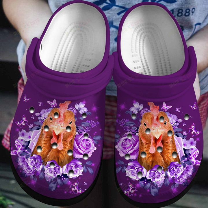 Purple Roses And Chicken Crocs Classic Clogs Shoes
