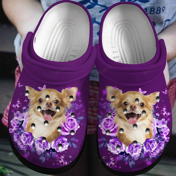 Purple Roses And Chihuahua Crocs Classic Clogs Shoes