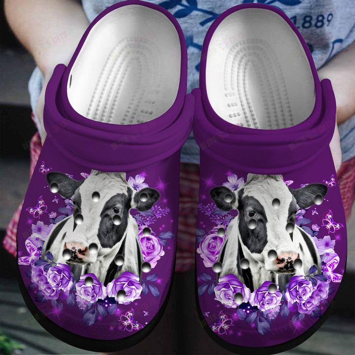 Purple Roses And Cow Crocs Classic Clogs Shoes