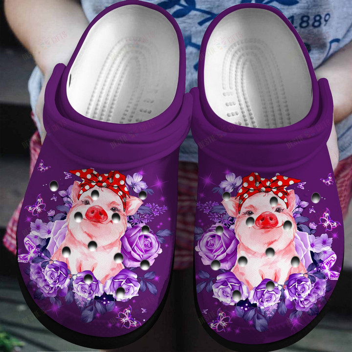 Purple Roses And Pig Crocs Classic Clogs Shoes