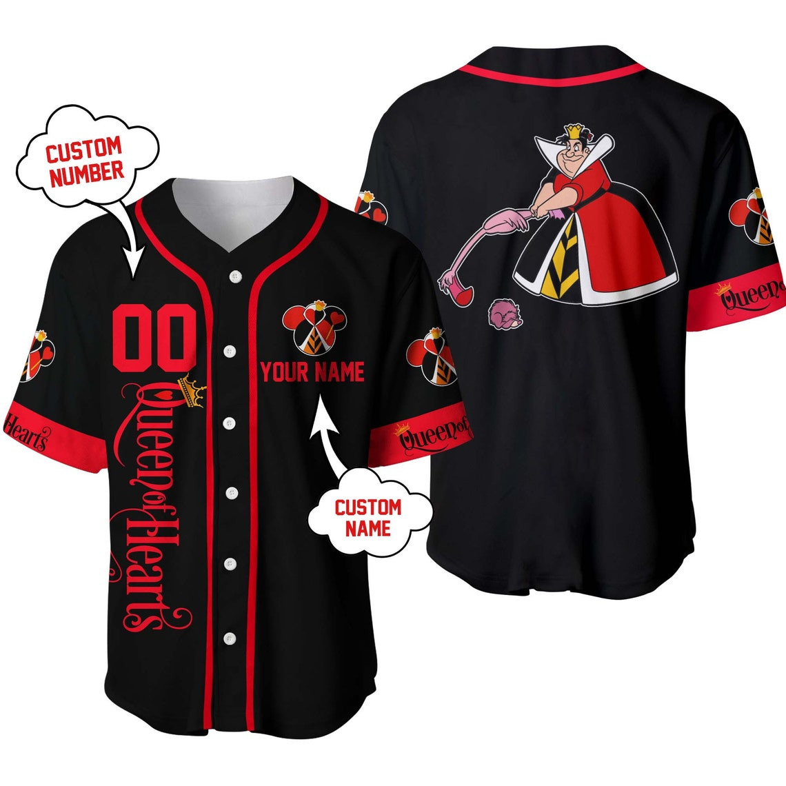 Queen Of Hearts Black Red Disney Unisex Cartoon Custom Baseball Jersey Personalized Shirt Men Women