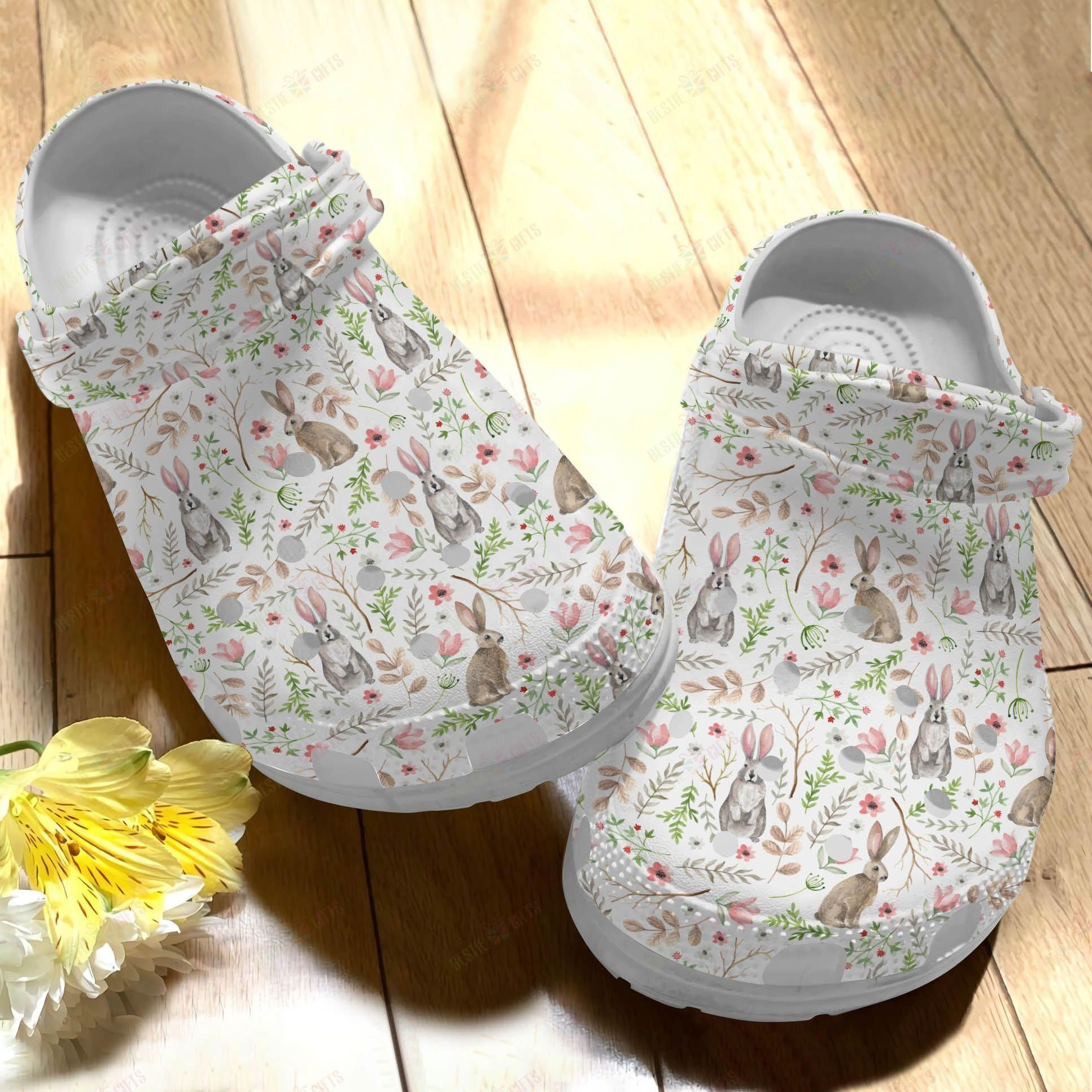 Rabbit Bulldog Crocs Classic Clog Rabbit And Flower Pattern Shoes