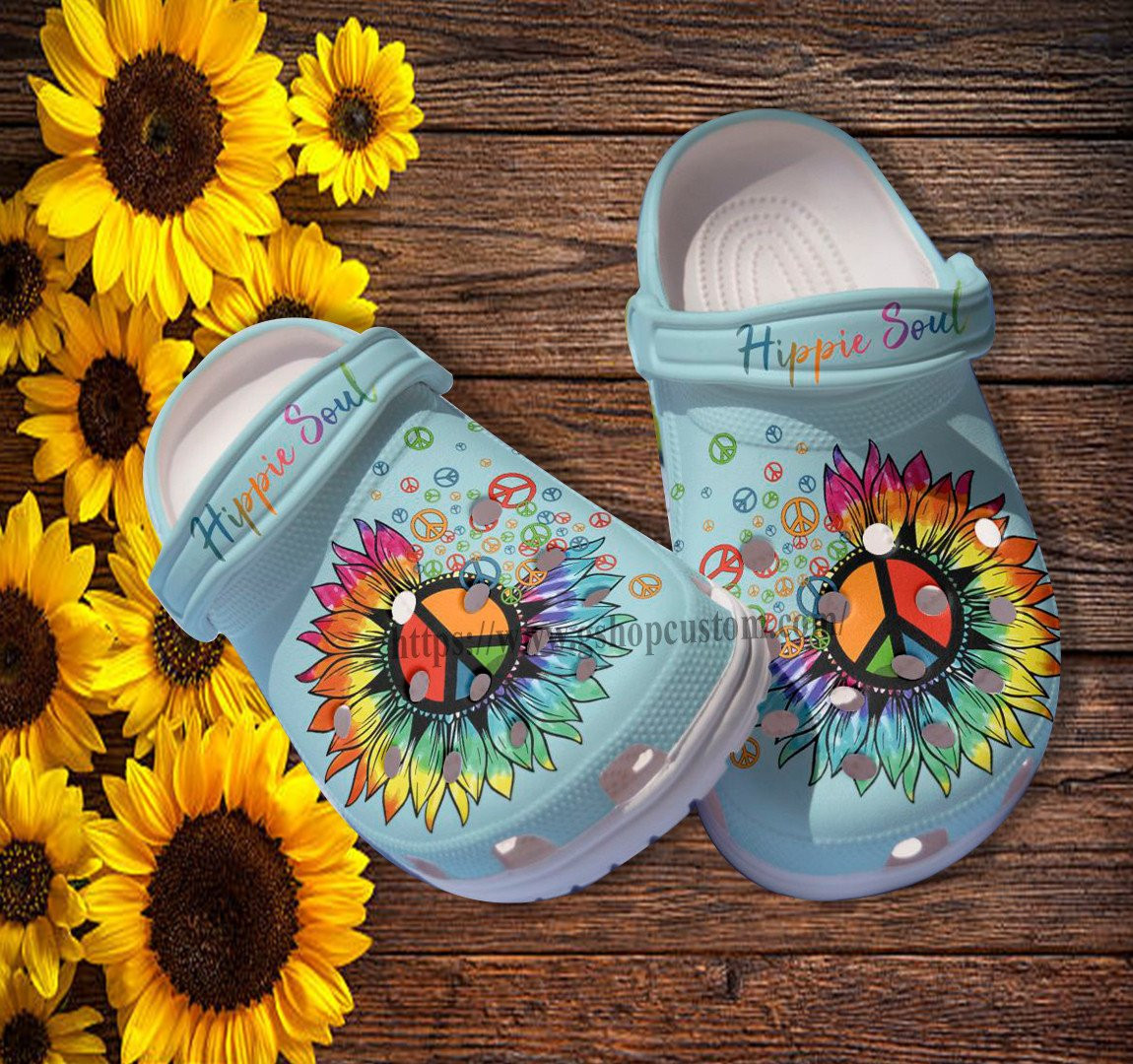 Rainbow Sunflower Peace Hippie Soul Croc Shoes Gift Besties- Hippie Sunflower Vintage Shoes Croc Clogs Mother Day Gift