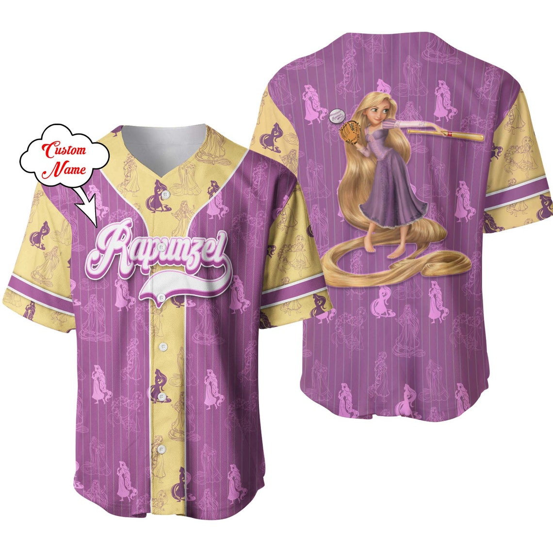 Rapunzel Princess Purple Yellow Patterns Disney Unisex Cartoon Custom Baseball Jersey Personalized Shirt Men Women