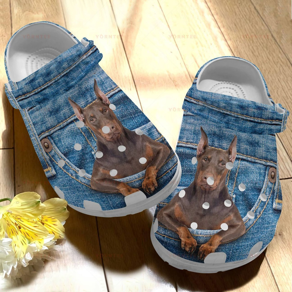 Red Doberman Jeans Dog Gift For Lover Rubber Crocs Clog Shoes Comfy Footwear