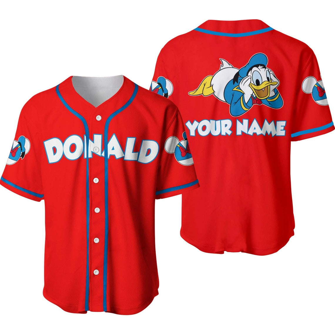 Red Donald Duck Disney Personalized Baseball Jersey Disney Unisex Cartoon Custom Baseball Jersey Shirt Men Women