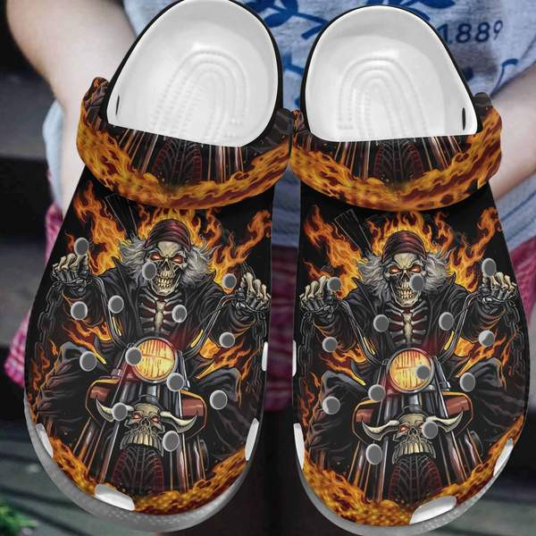 Riding Skeleton Skull Crocs Clog Shoesshoes Racing Men Ghost Skull Fire Shoes Crocbland Clog Gifts For Men Father Friends