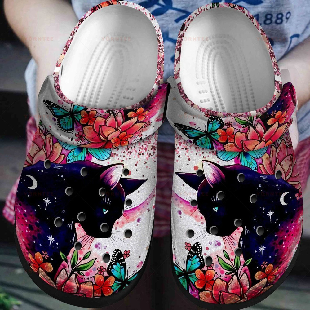 Romantic Black Cat Tropical Flower Gift For Lover Rubber Crocs Clog Shoes Comfy Footwear