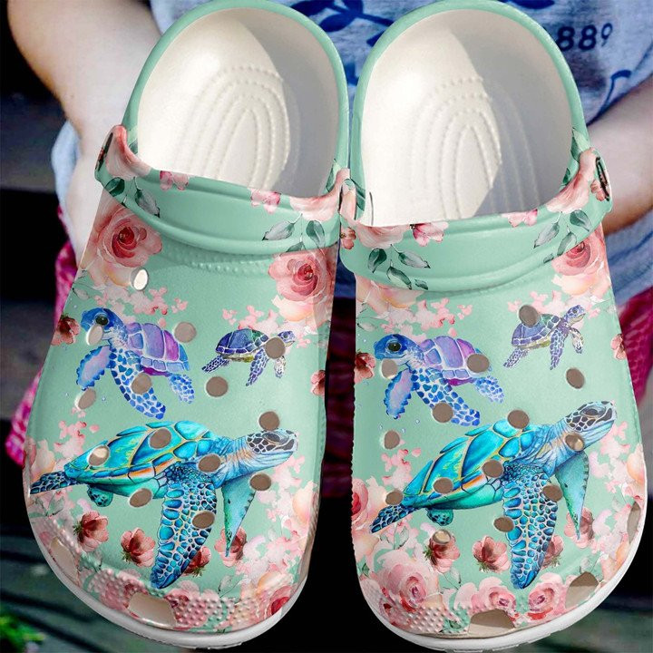 Sea Turtles With Roses Shoes Beautiful Ocean Flower Clogs Crocs Rose