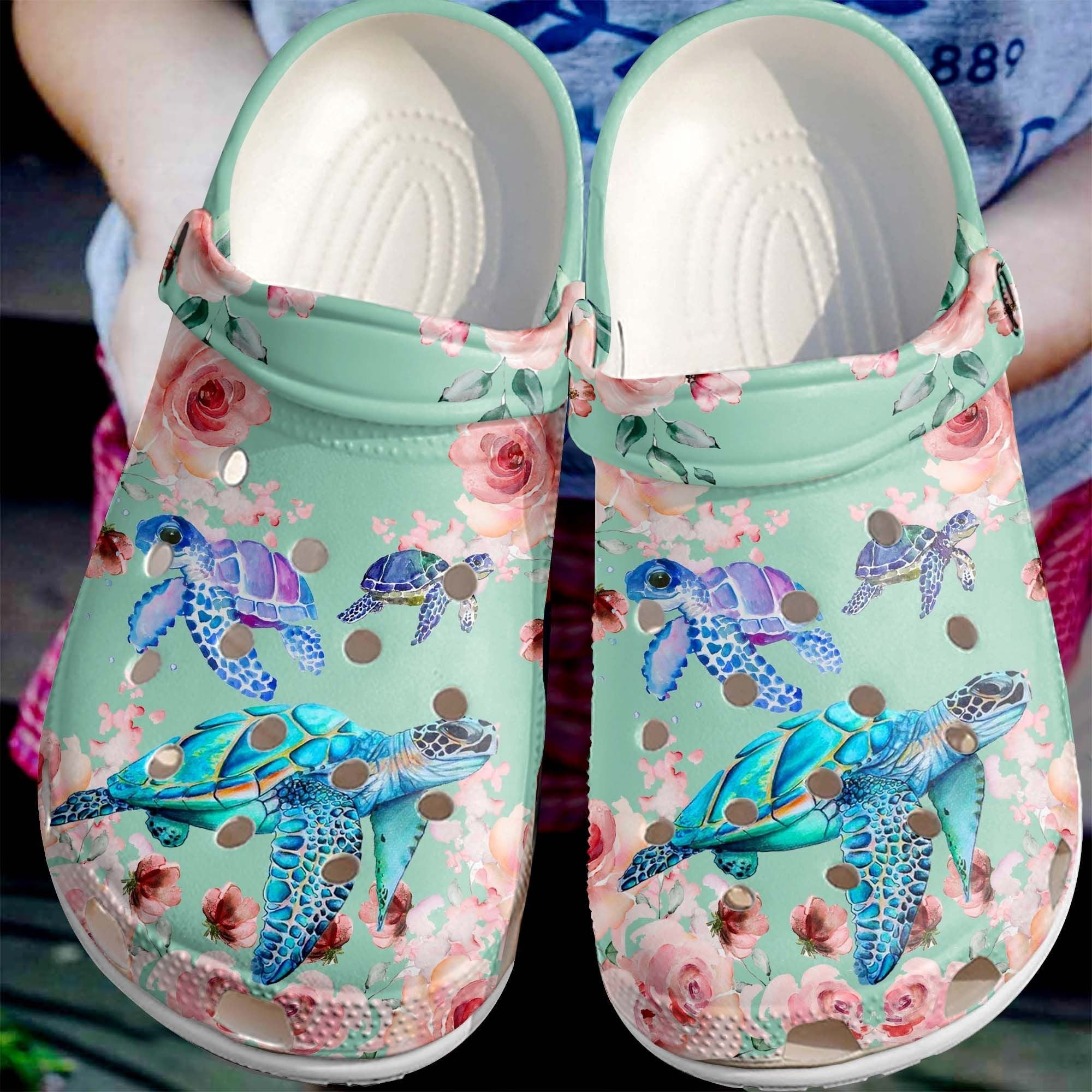 Sea Turtles With Roses Shoes - Beautiful Ocean Flower Clogs Crocs