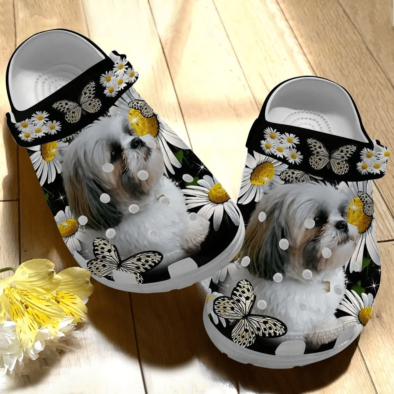 Shih Tzu With Flowers Personalize Clog Custom Crocs Fashionstyle Comfortable For Women Men Kid Print 3D Whitesole
