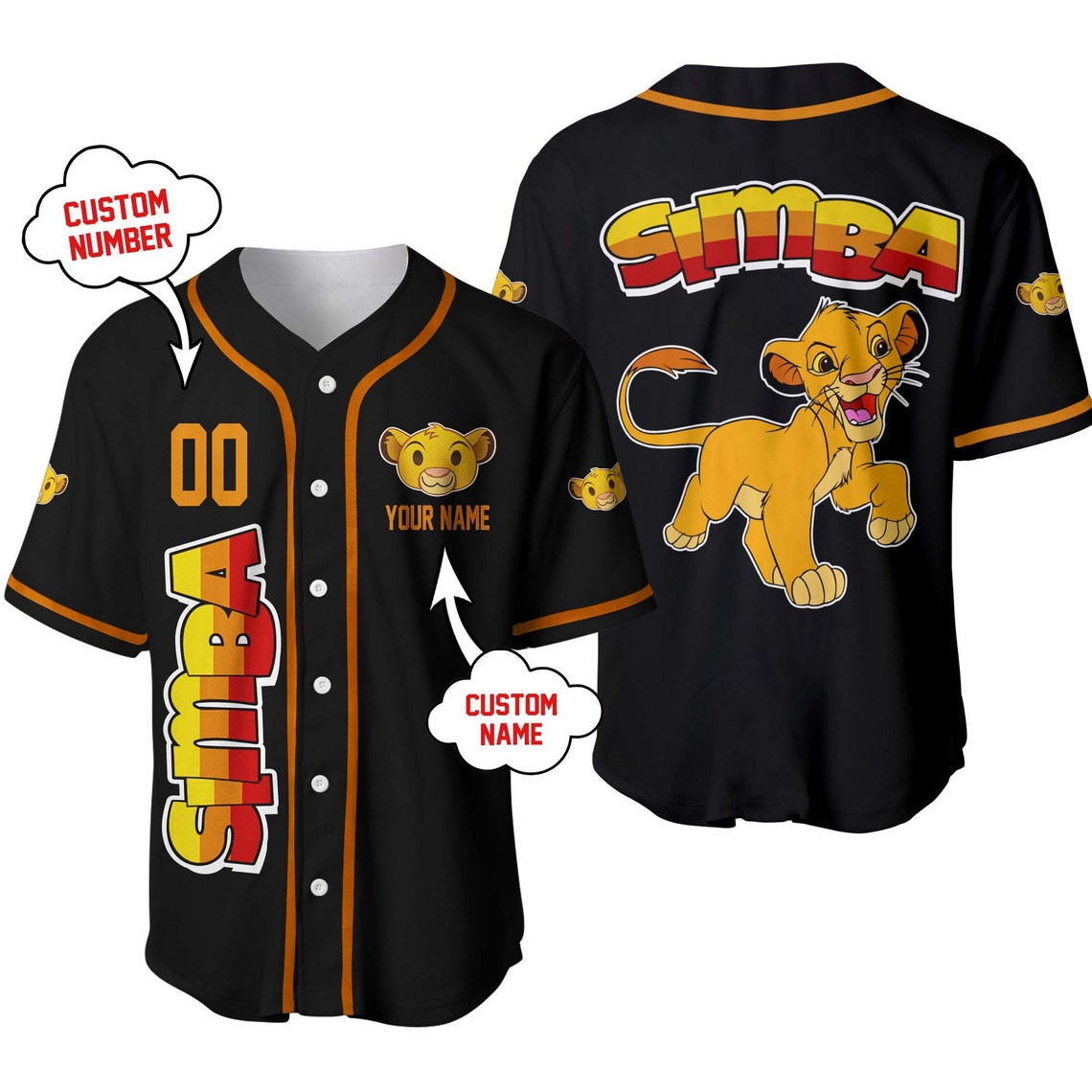 Simba Lion King Black Yellow Red Ombre Disney Unisex Cartoon Custom Baseball Jersey Personalized Shirt Men Women