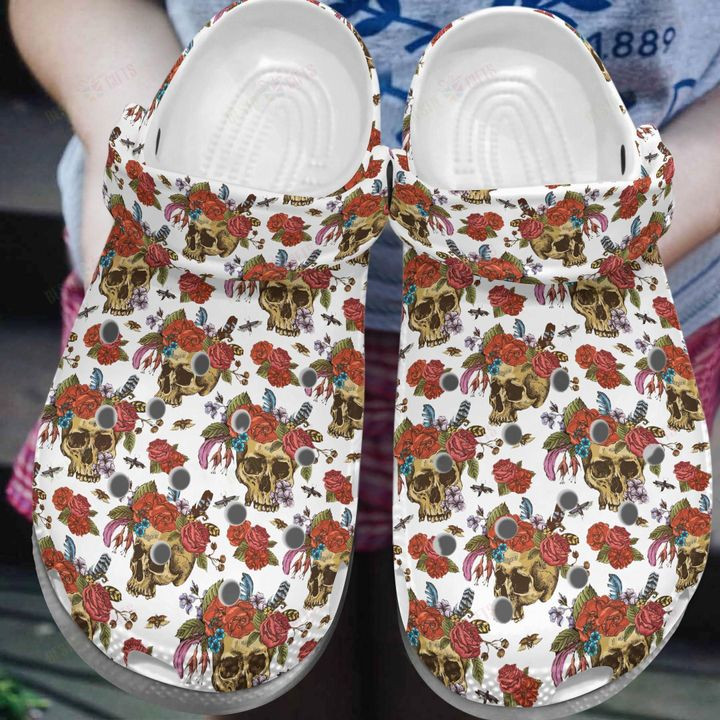 Skull And Flowers Crocs Classic Clogs Shoes