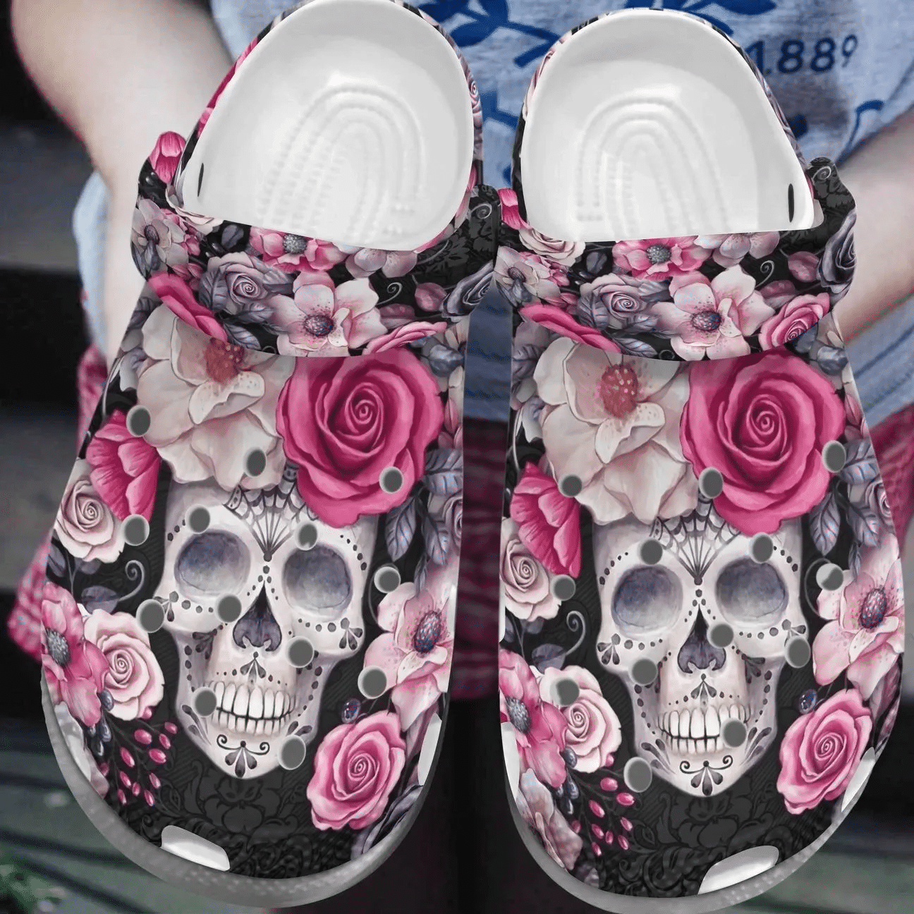 Skull Personalized Clog Custom Crocs Comfortablefashion Style Comfortable For Women Men Kid Print 3D Skull Pink Flowers