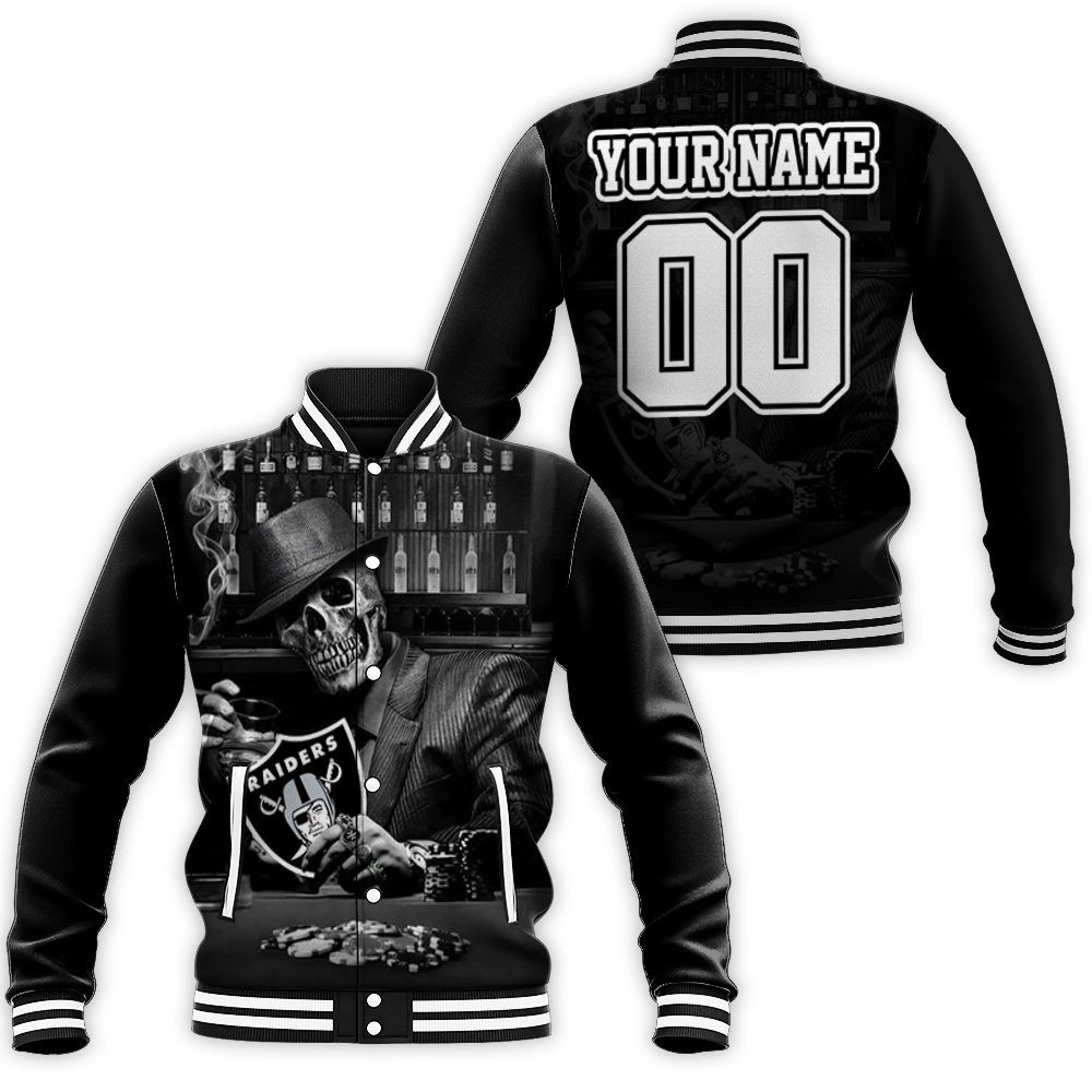 Skull Play Oakland Raiders Card 3d Personalized Baseball Jacket for Men Women