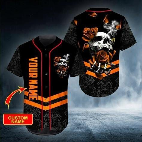 Skull Rose Orange Custom Name Baseball Jersey