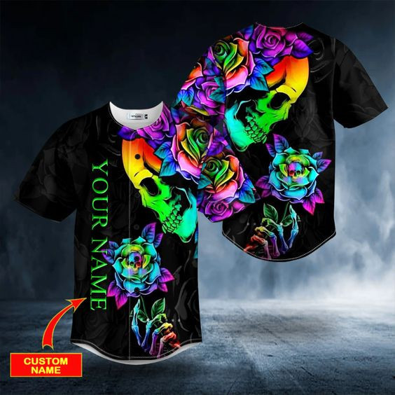 Skull Rose Rainbow Custom Name Baseball Jersey