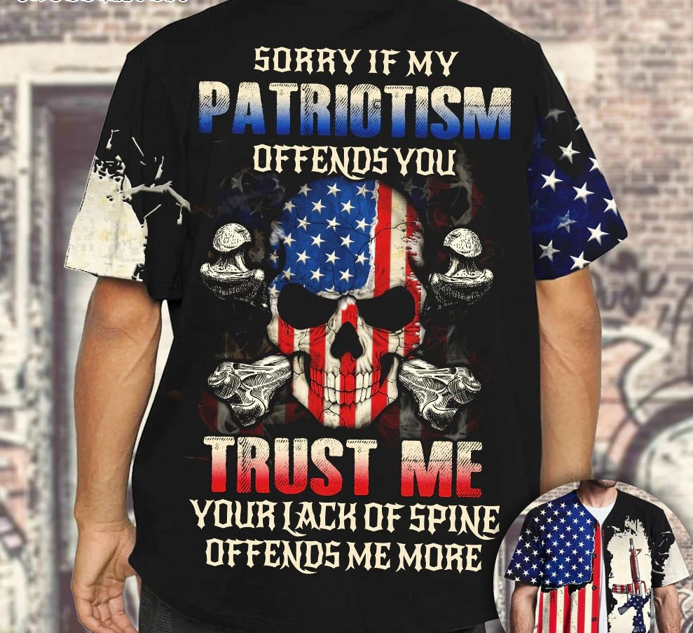 Skull Sorry If My Patriotism Offends You 4th of July Baseball Jersey, Unisex Jersey Shirt for Men Women