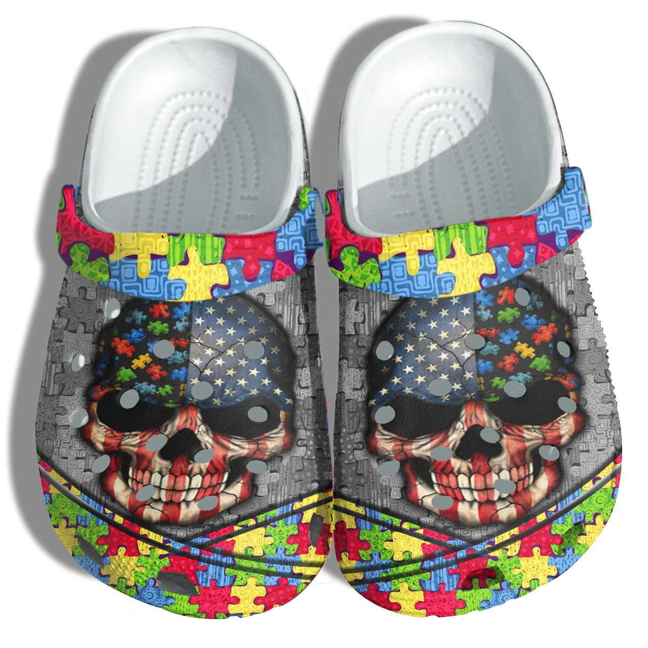 Skull Usa Flag Autism Awareness Crocs Shoes - Autism Puzzel Shoes Croc Clogs Gifts Men Women